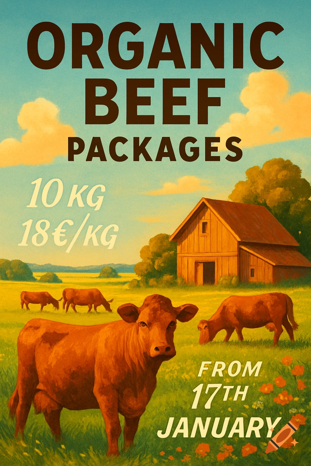 Retro illustration of cows grazing near a barn, advertising 'Organic Beef Packages 10 KG 18€/KG from 17th January'.