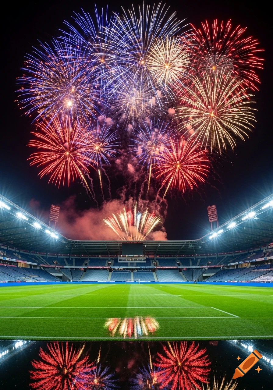 Colorful fireworks burst above a brightly lit soccer stadium at night, with reflections on the green field.