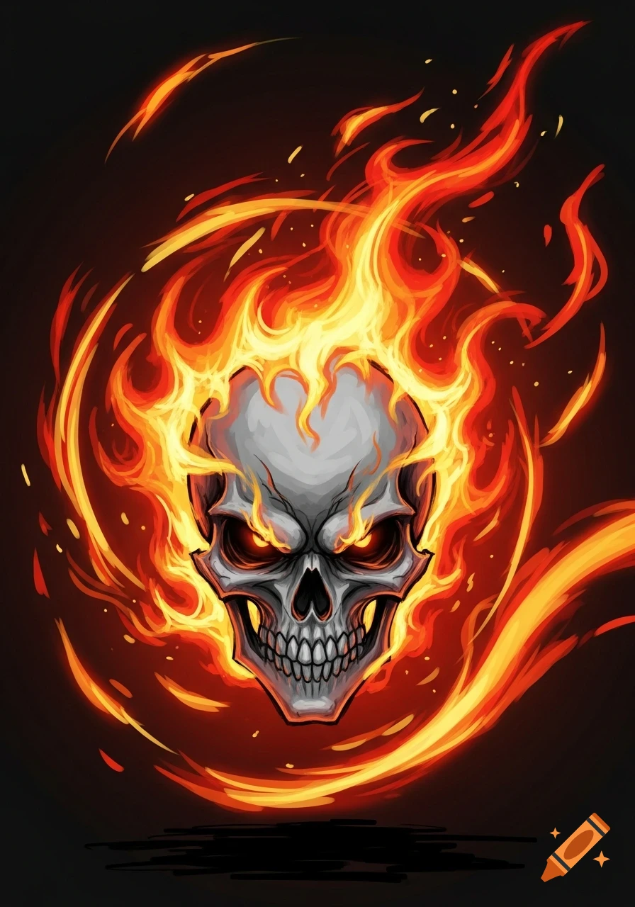 Stylized illustration of a flaming skull with glowing red eyes against a dark background.