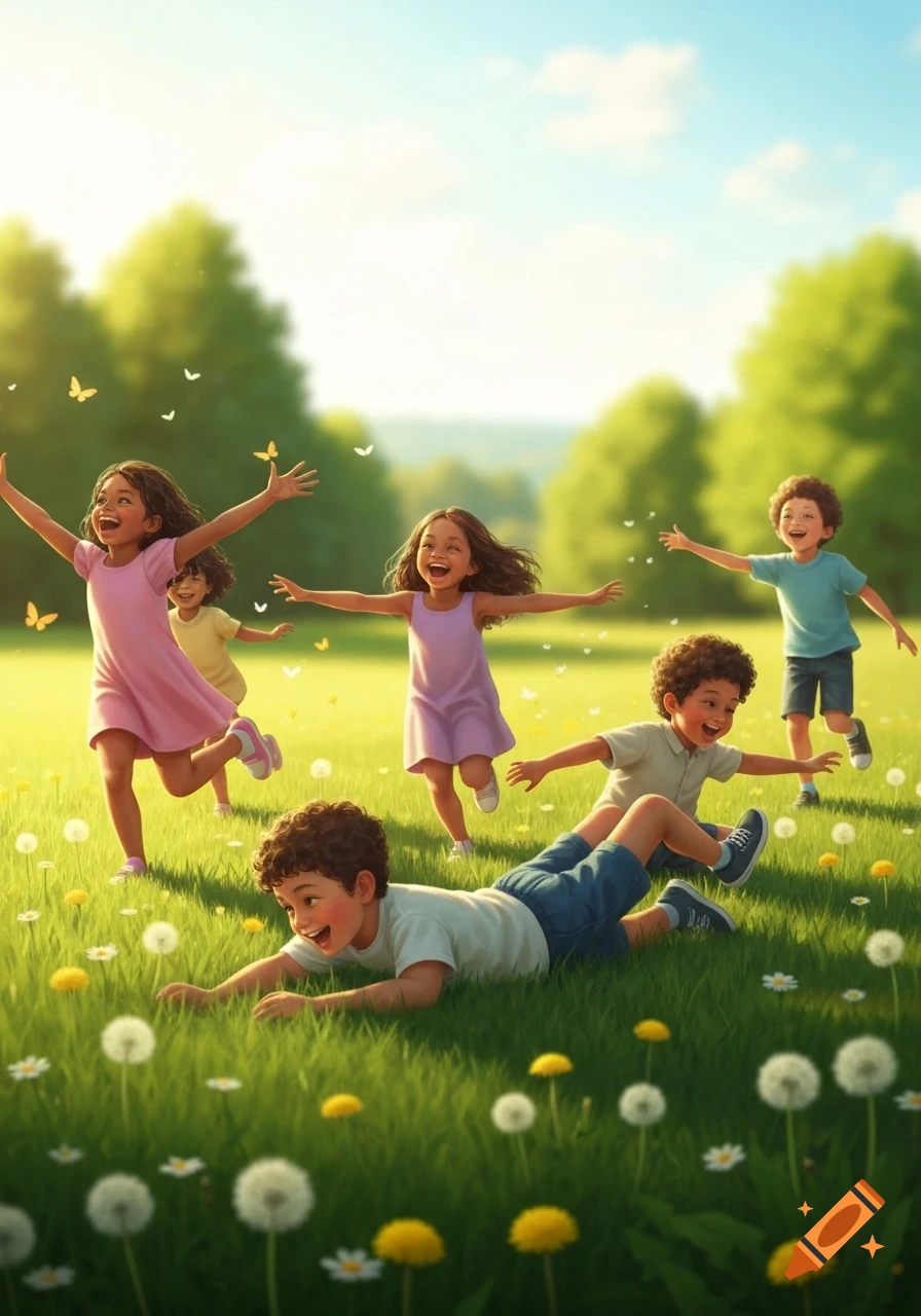 Happy children laughing and playing in a sunny green field with dandelions and butterflies.