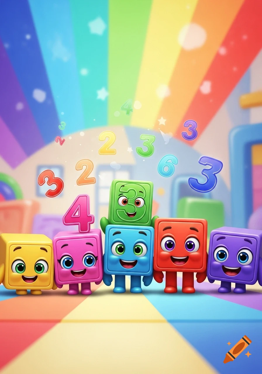 Colorful cartoon block characters with numbers and smiling faces stand in a row under a rainbow, with more numbers floating above.