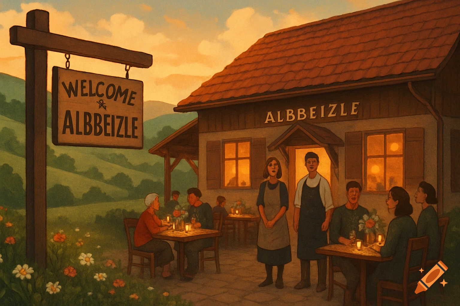 A rustic restaurant called "Albbeizle" with a "Welcome" sign, set in a rolling green landscape at sunset, with patrons dining outdoors and staff standing by the entrance in a painterly style.