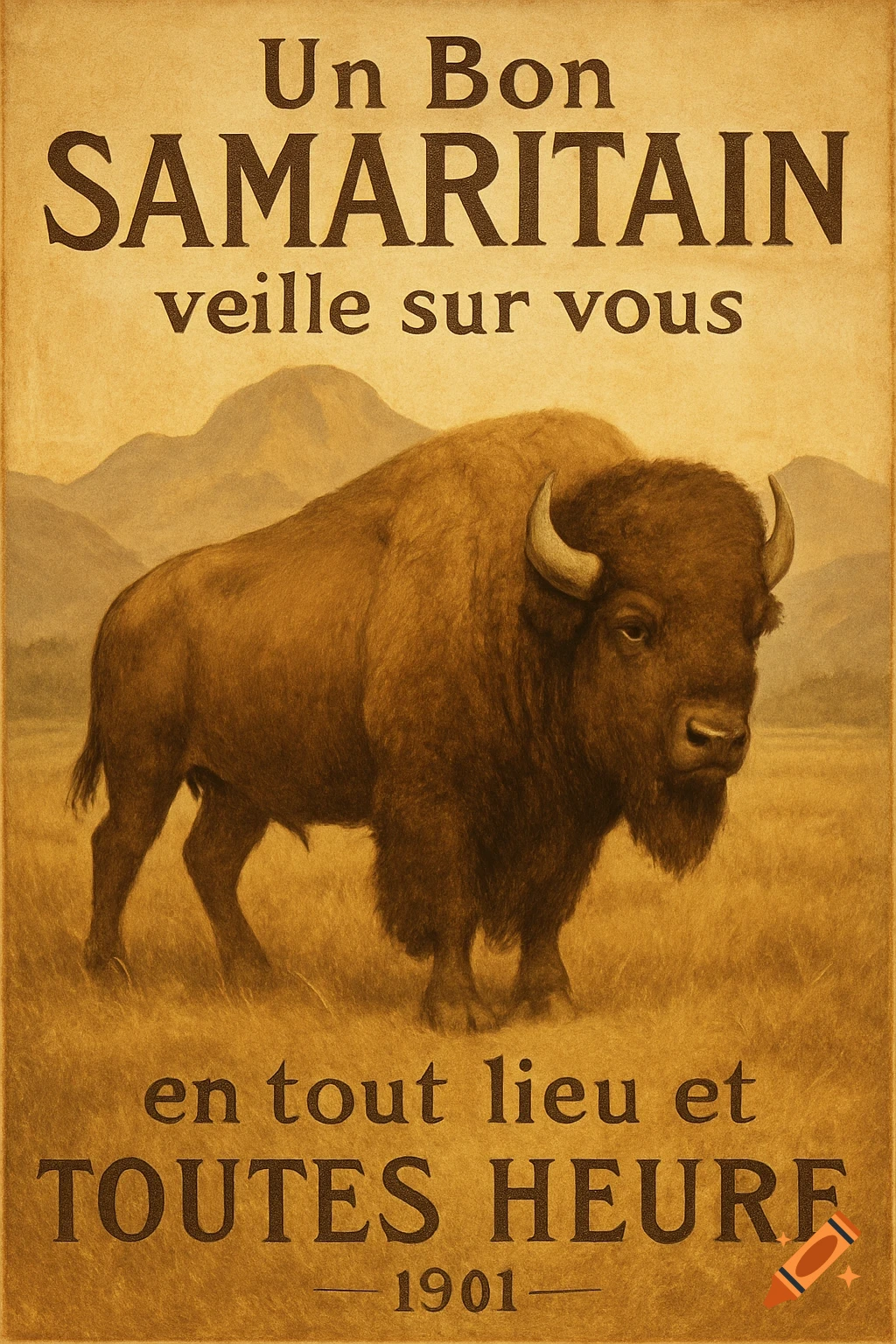 Vintage poster-style illustration of a majestic bison standing in a grassy field with mountains in the background. French text reads "Un Bon SAMARITAIN veille sur vous en tout lieu et TOUTES HEURE 1901" in a sepia tone.