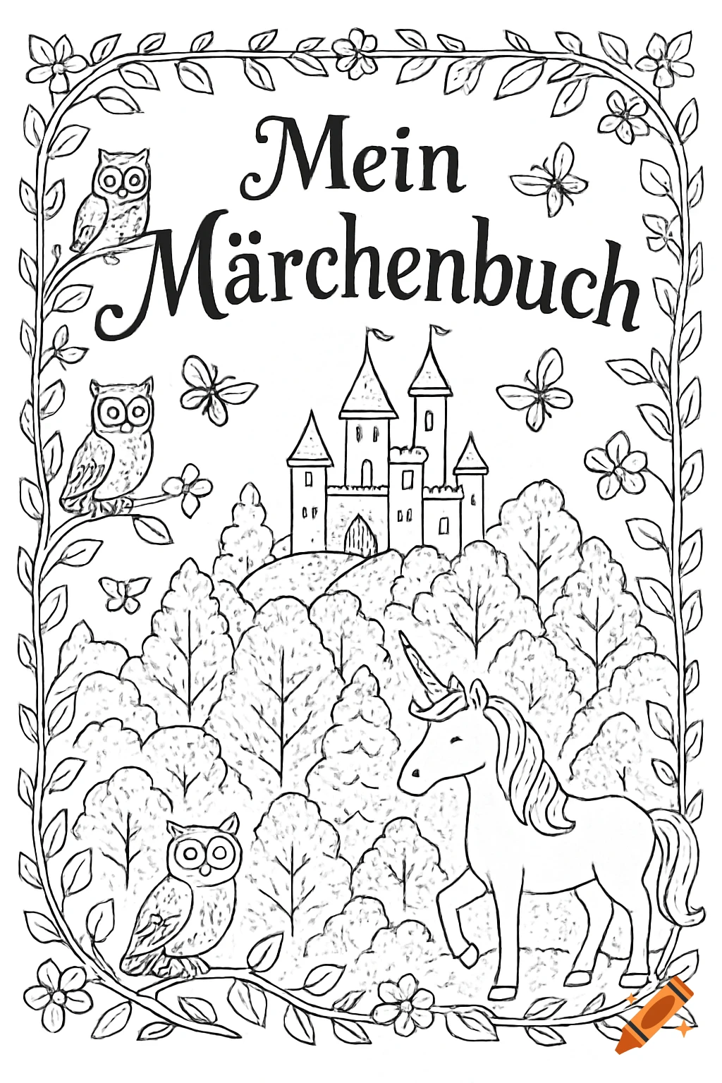 Black and white line art fairytale book cover with a castle, unicorn, owls, butterflies, and vines, titled 'Mein Märchenbuch'.