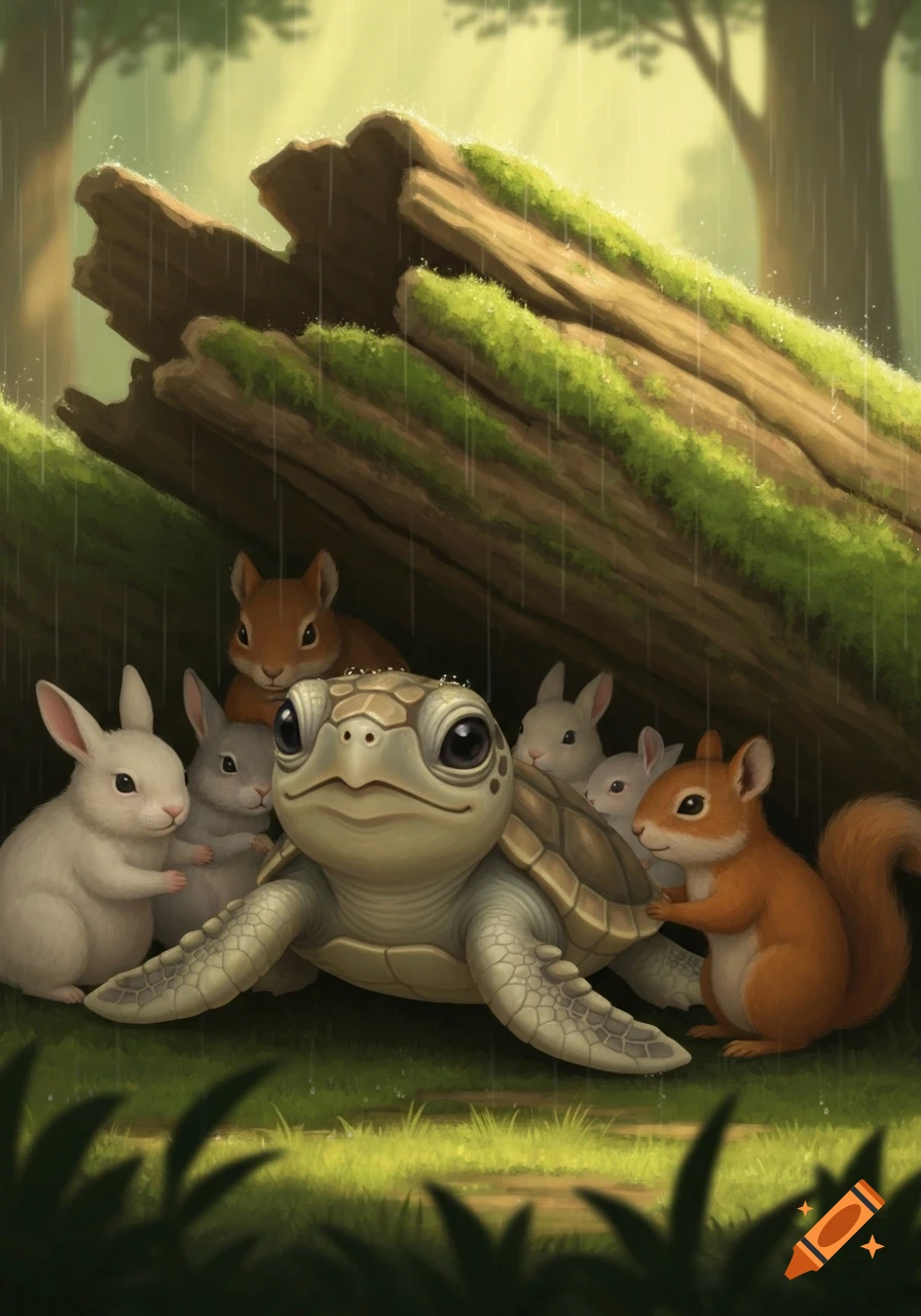 Cartoon illustration of a baby turtle sheltering bunnies and squirrels under a log in a rainy forest.
