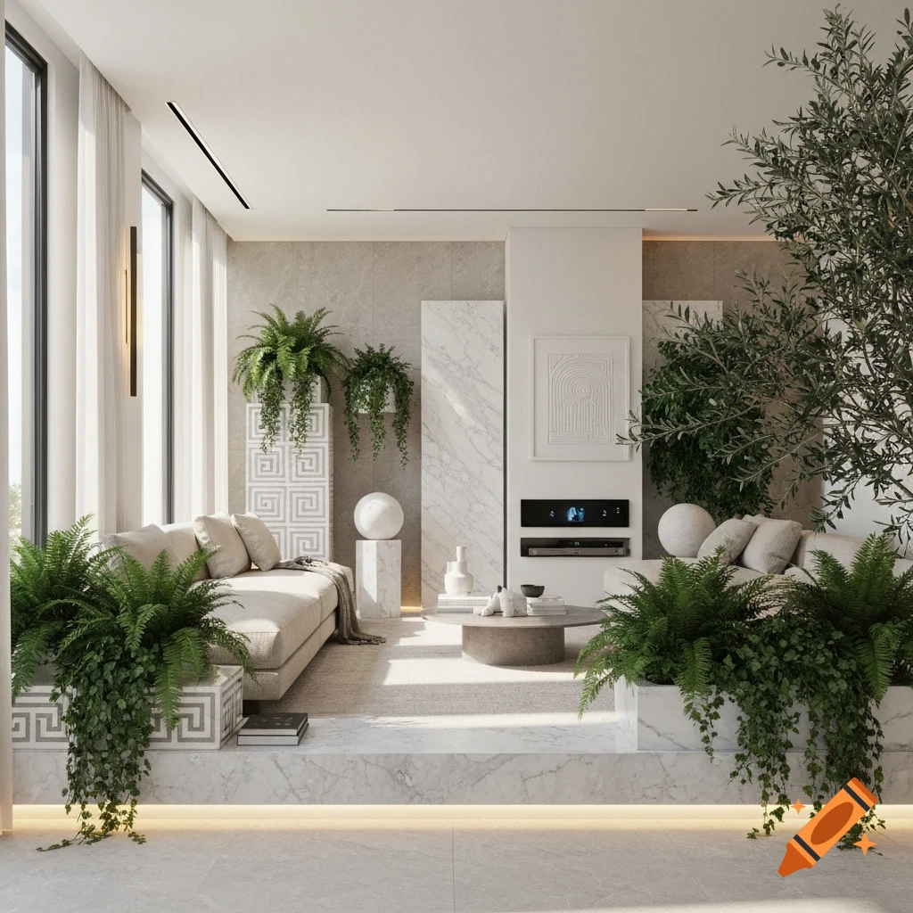 A modern living room with a beige sofa, Greek-inspired marble patterns, and numerous green plants under large windows.