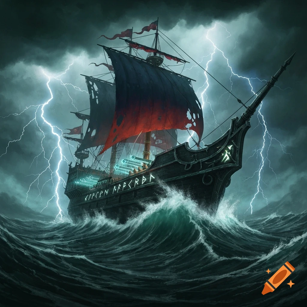 A dark fantasy ship with tattered red and black sails navigates rough, dark green seas during a fierce thunderstorm with bright lightning.