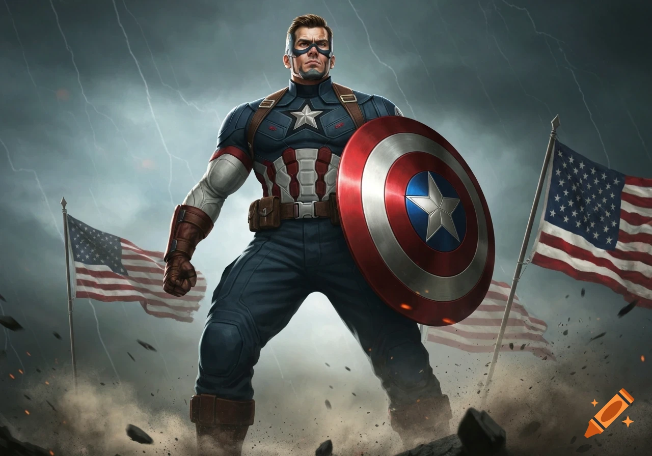 Captain America in his suit, holding his shield, stands heroically under a stormy sky with two American flags behind him.