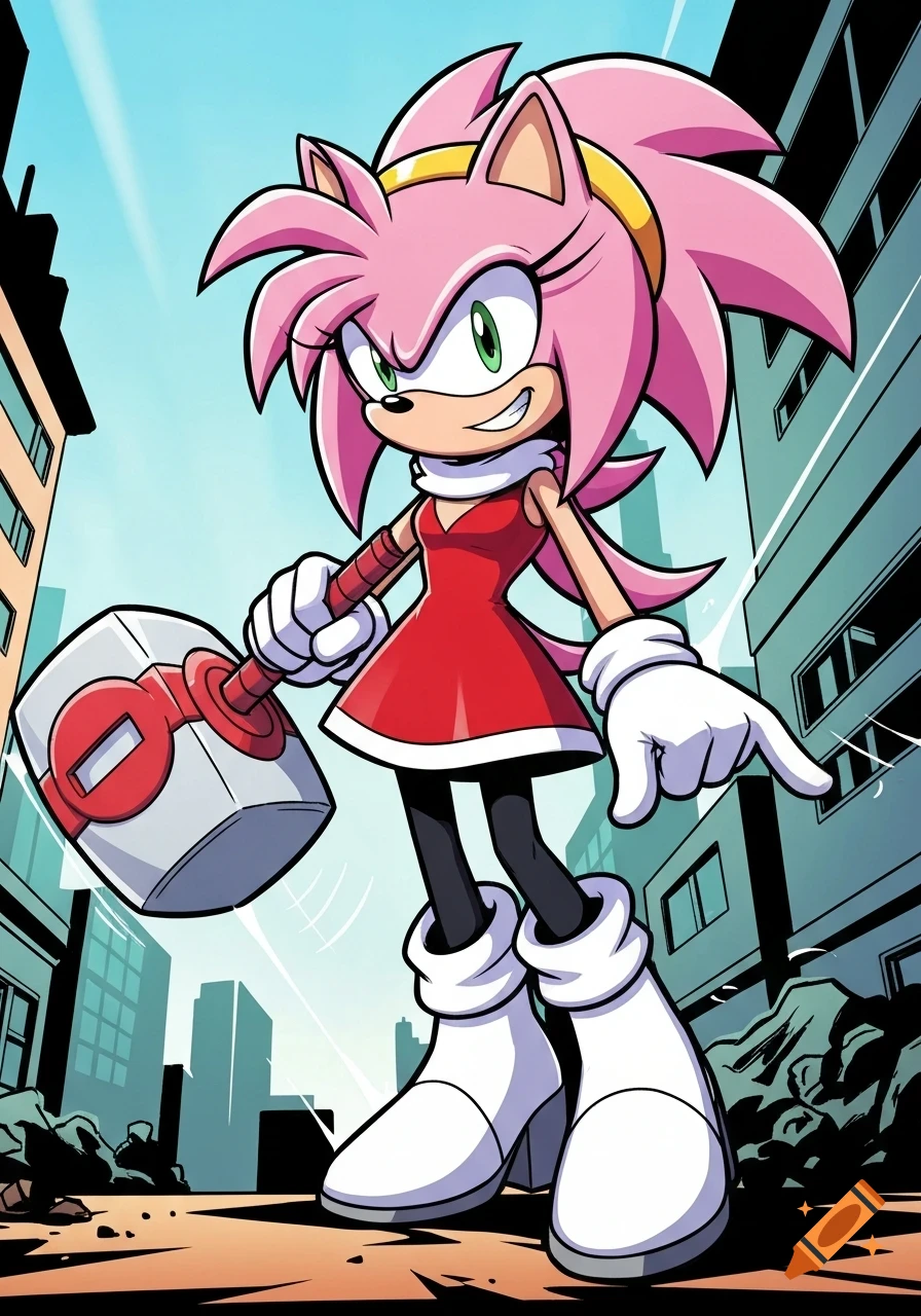 Comic style illustration of Amy Rose, a pink hedgehog, standing in a city, holding a large hammer and pointing.