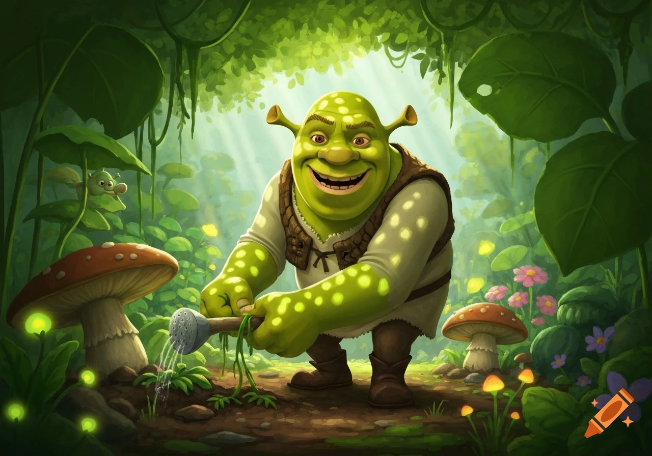 Shrek smiles while watering plants with a watering can in a lush, vibrant green swamp forest filled with large mushrooms and glowing plants.