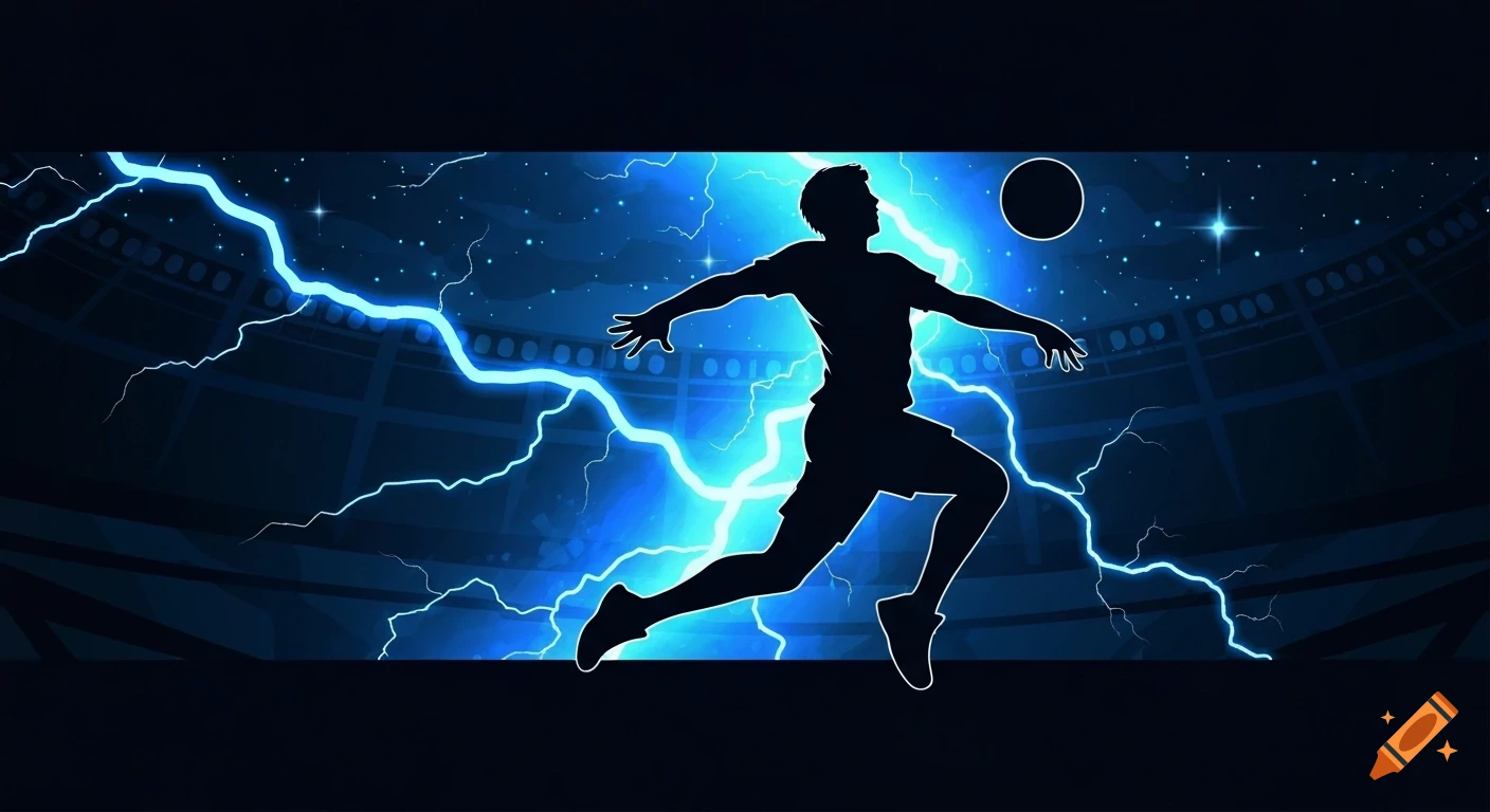 Silhouette of a volleyball player spiking a ball with blue lightning in a dark stadium, cartoon style.