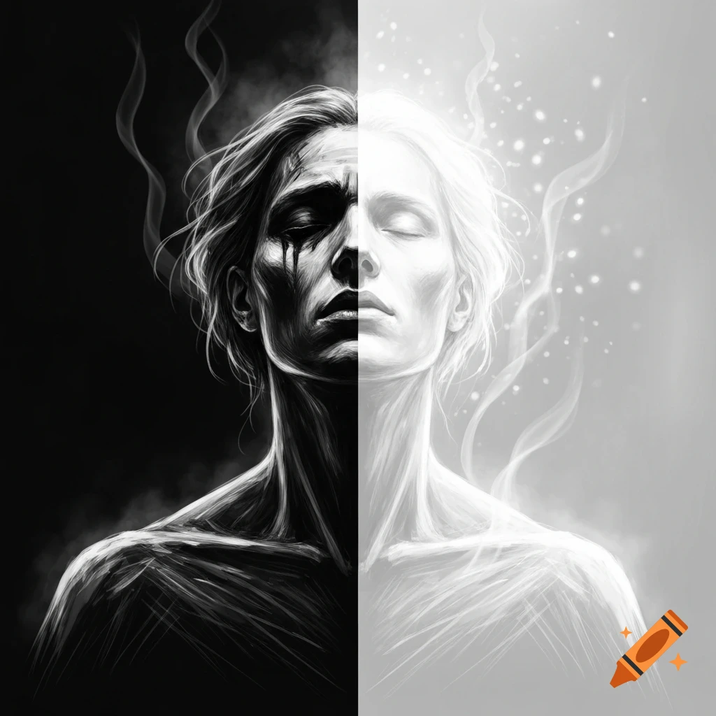 Split black and white portrait of a person, half in dark shadow with a tear, half glowing with light and smoke.