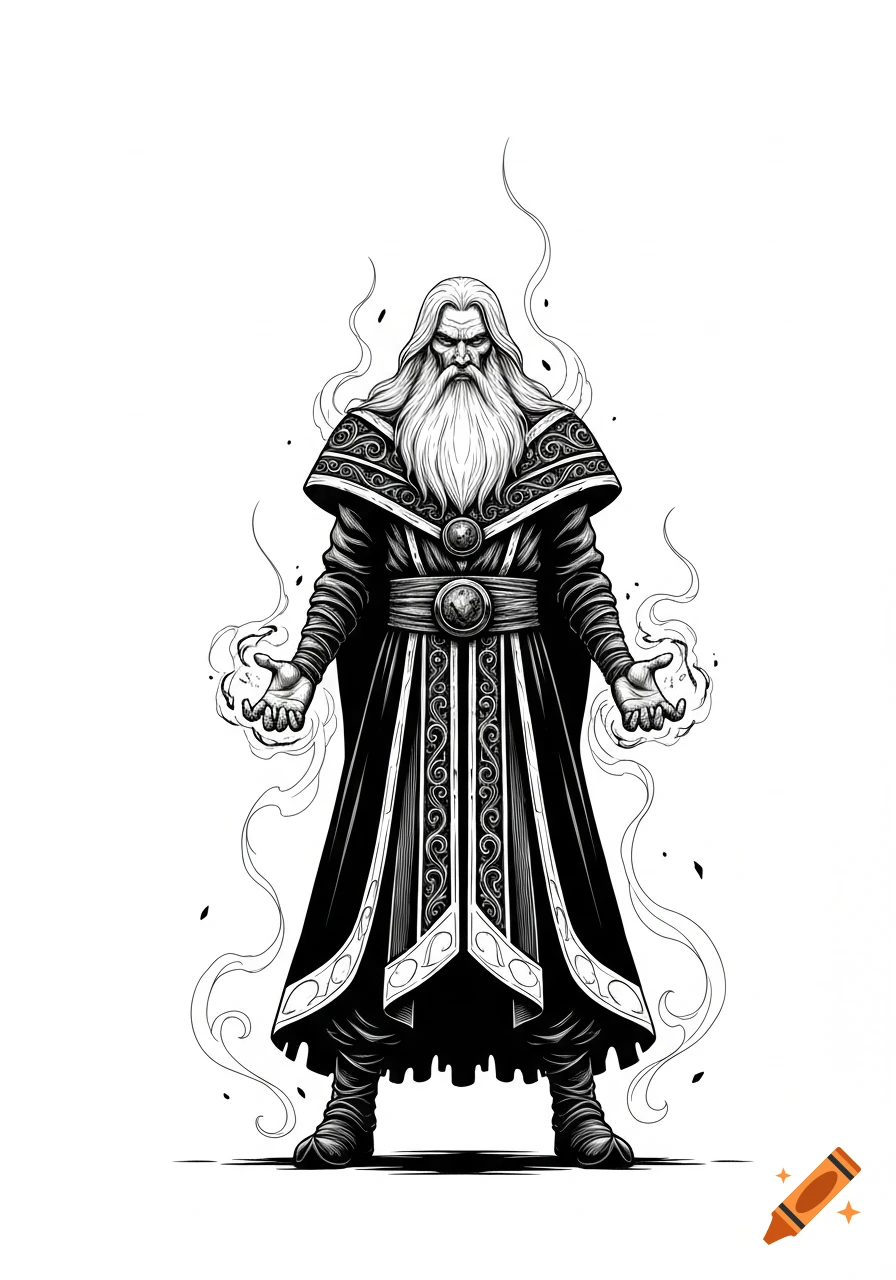A detailed black and white illustration of a powerful wizard with a long beard, wearing elaborate robes and generating magic from his hands.