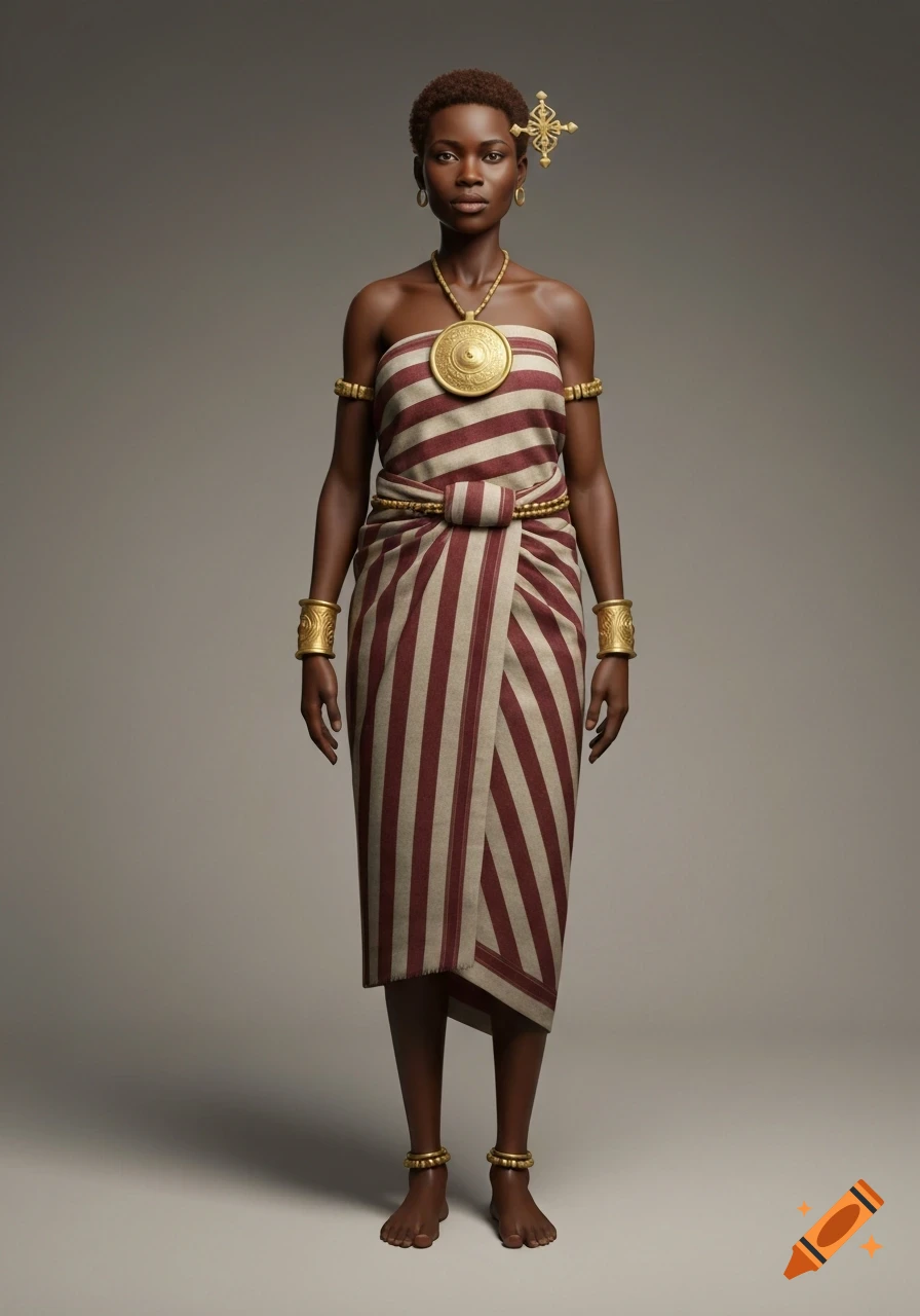 Full-body portrait of a dark-skinned woman in a striped wrap dress with gold jewelry including a large pectoral disc, arm cuffs, and anklets.