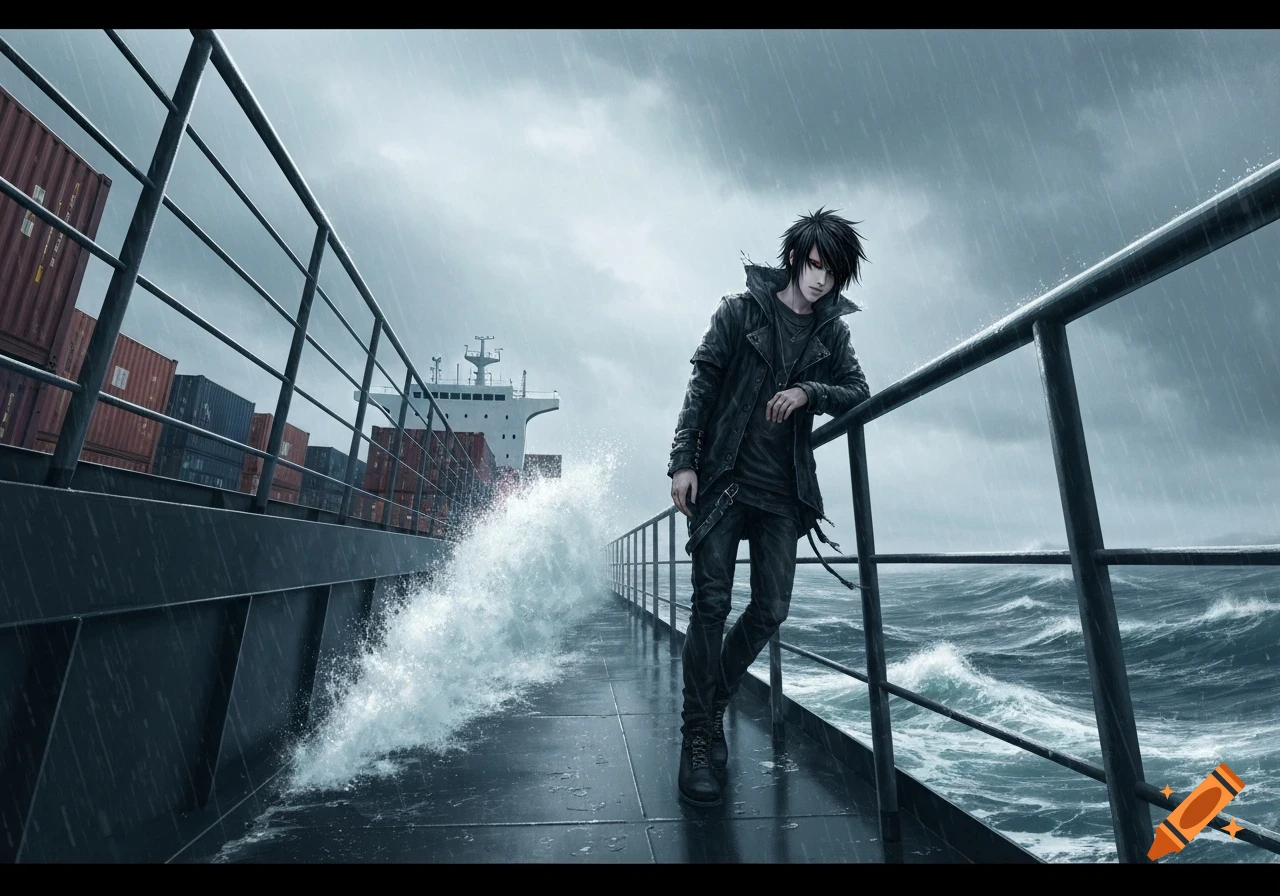 Anime-style emo character on a container ship at sea in the rain, leaning on a railing with waves crashing.