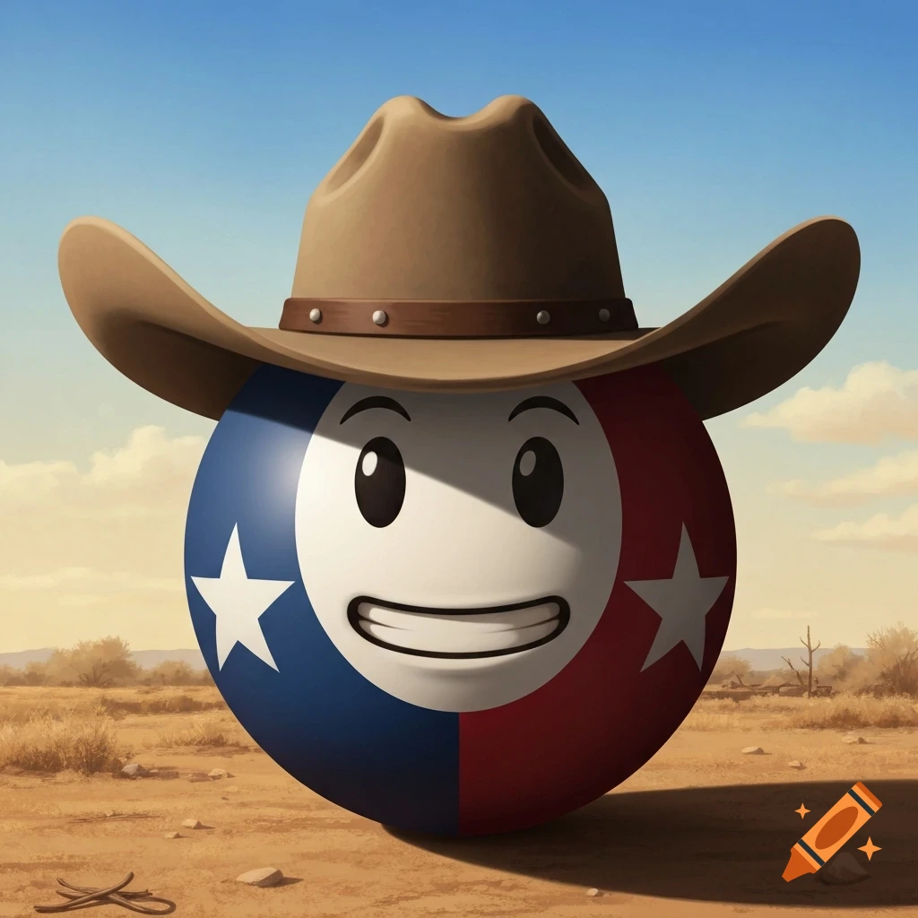 A round, emoji-like character designed as the Texas flag, wearing a brown cowboy hat, grins in a sunlit desert landscape.
