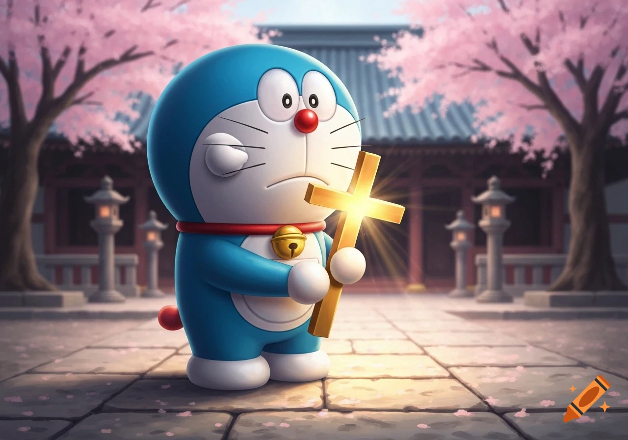 Doraemon holding a glowing golden cross under cherry blossoms in front of a traditional Japanese building.