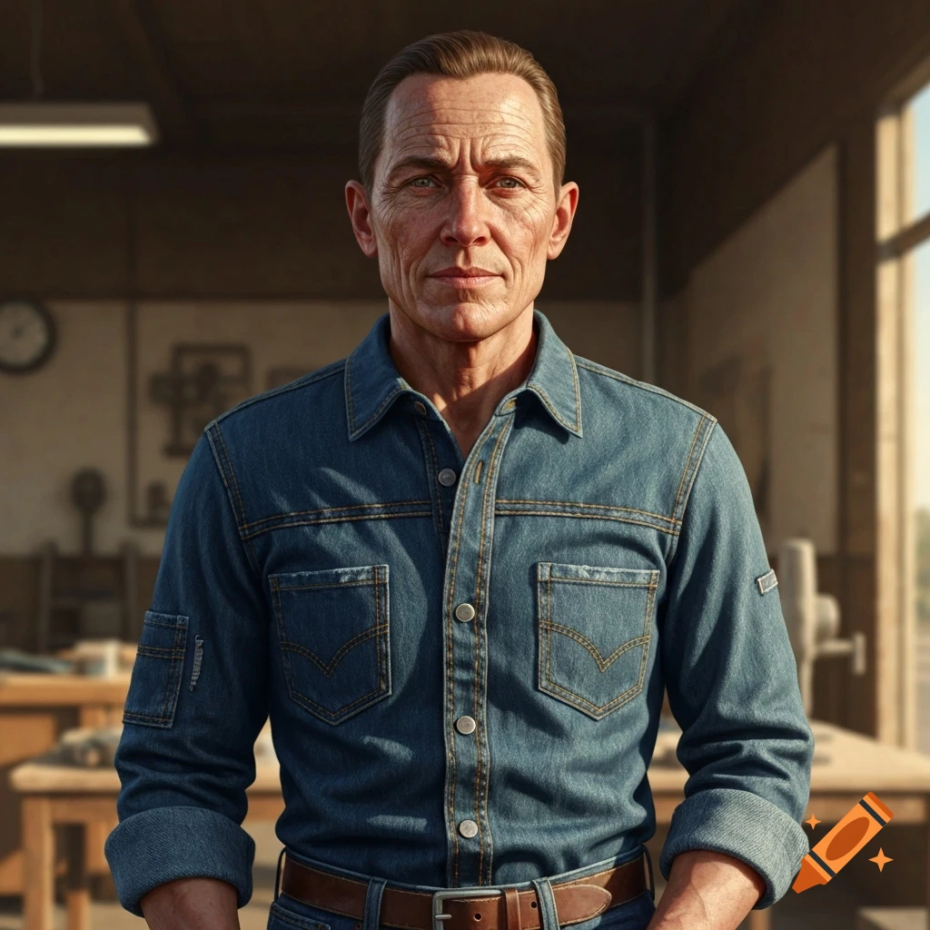 A photorealistic portrait of an older man with a serious expression, wearing a denim shirt and brown belt, standing indoors with a workshop blurred in the background.