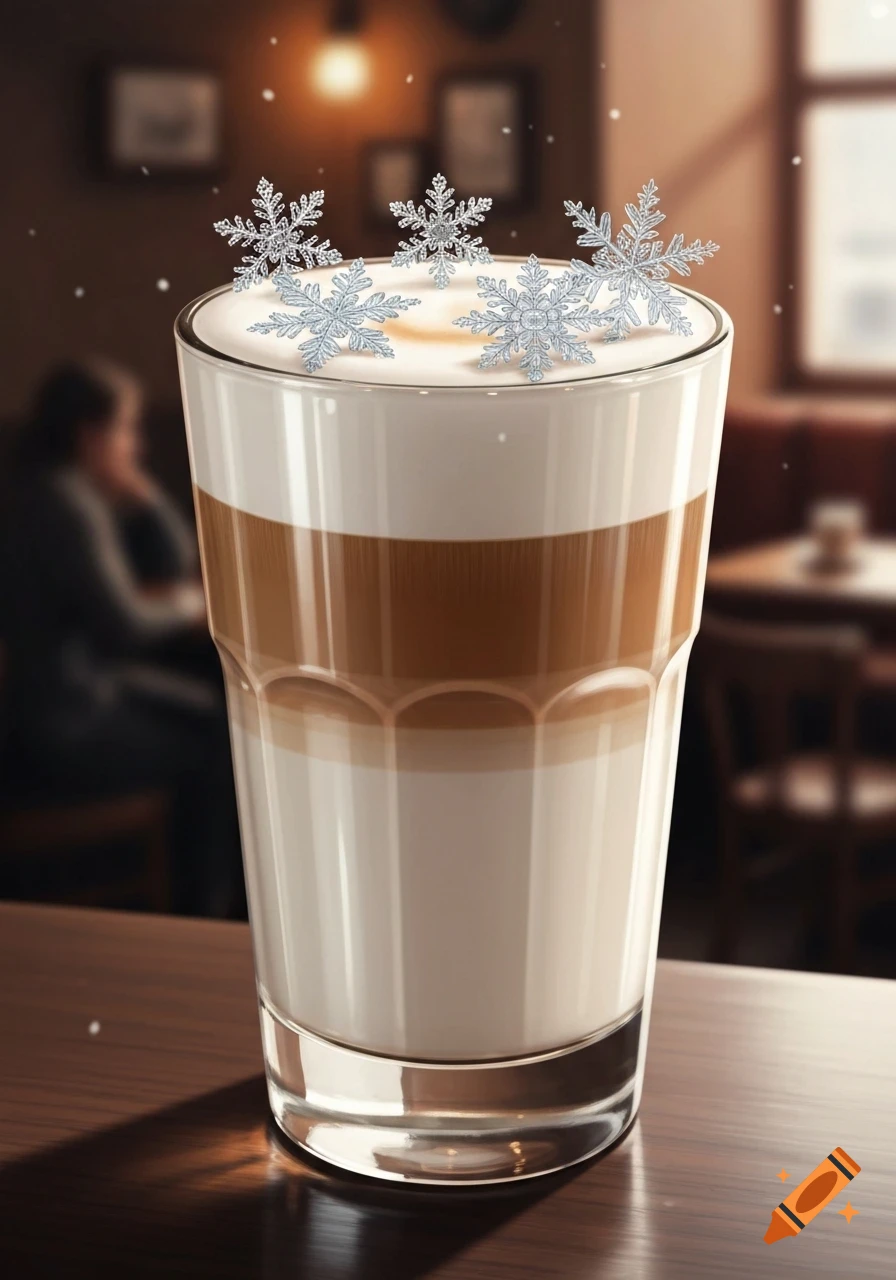 Photorealistic latte macchiato in a tall glass with layered milk and coffee, topped with foam and silver snowflakes, on a cafe table.