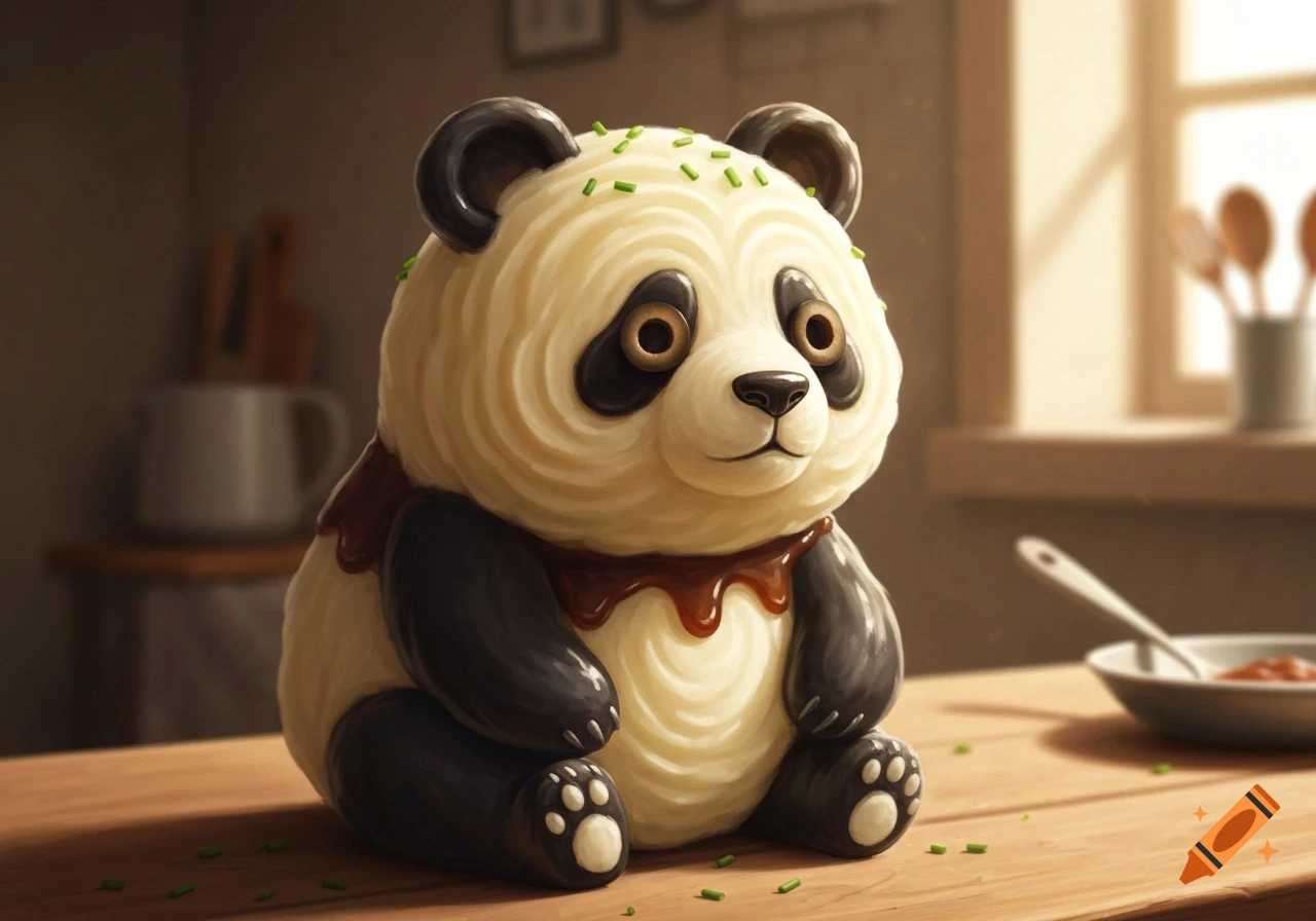 A cute, stylized panda made of mashed potatoes with chocolate syrup and green sprinkles, sitting on a wooden table.
