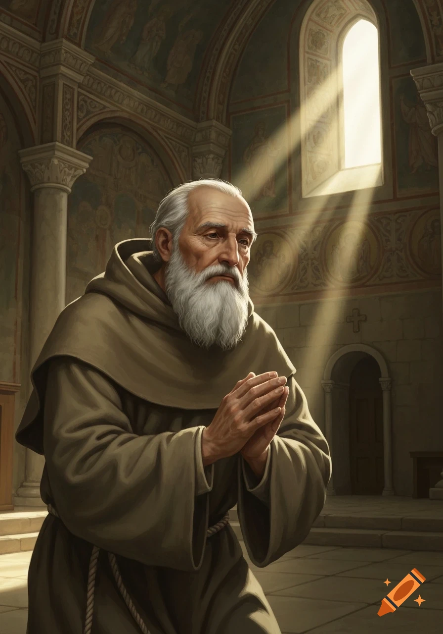 An old, white-bearded monk in a brown robe kneels in prayer inside an ancient church, bathed in sunlight.