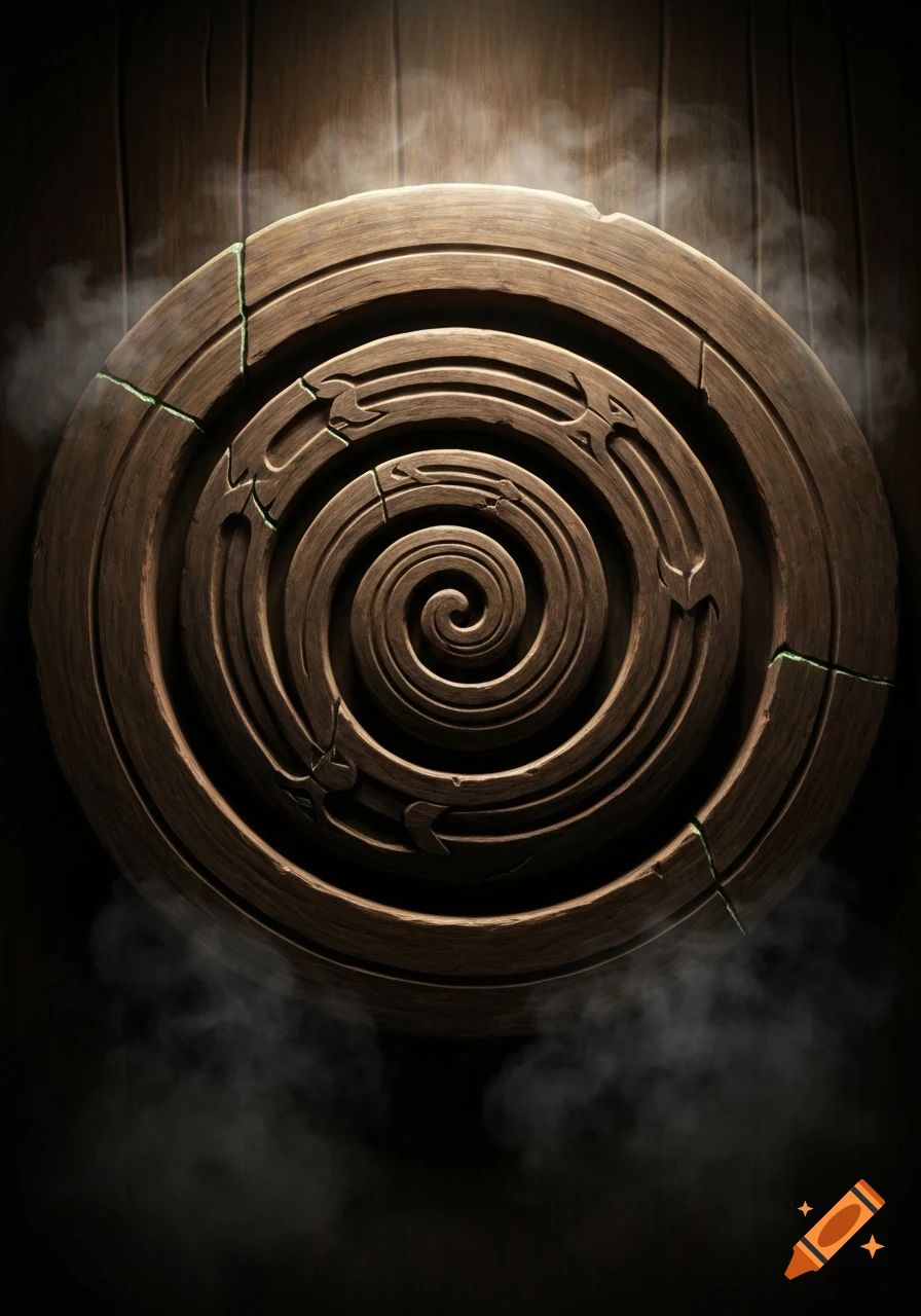A dark, detailed wooden spiral pattern with cracks and green highlights, surrounded by smoke on a wooden background.