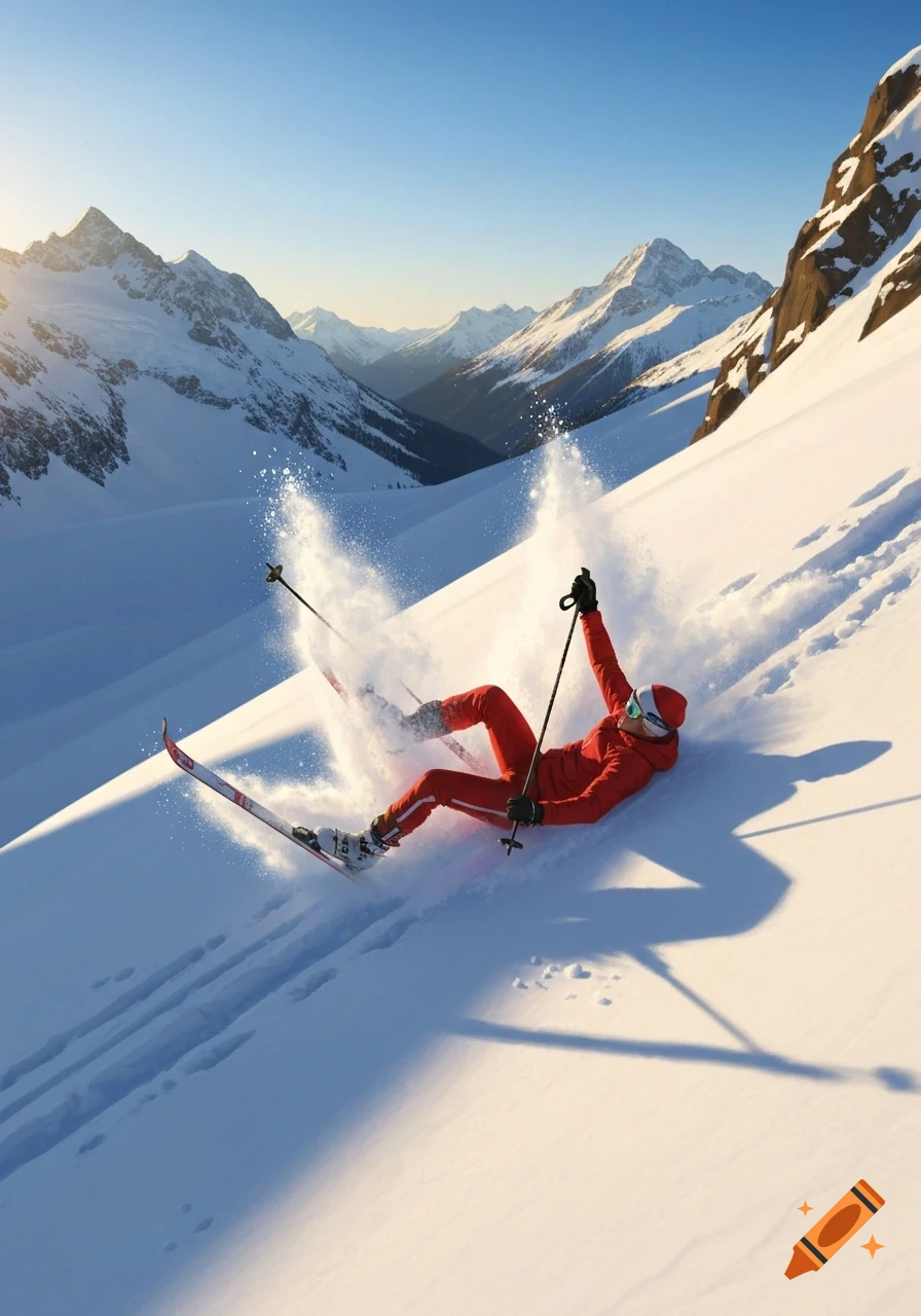 A person in a red ski suit falls, kicking up snow, while skiing down a sunny mountain slope with majestic peaks in the background.
