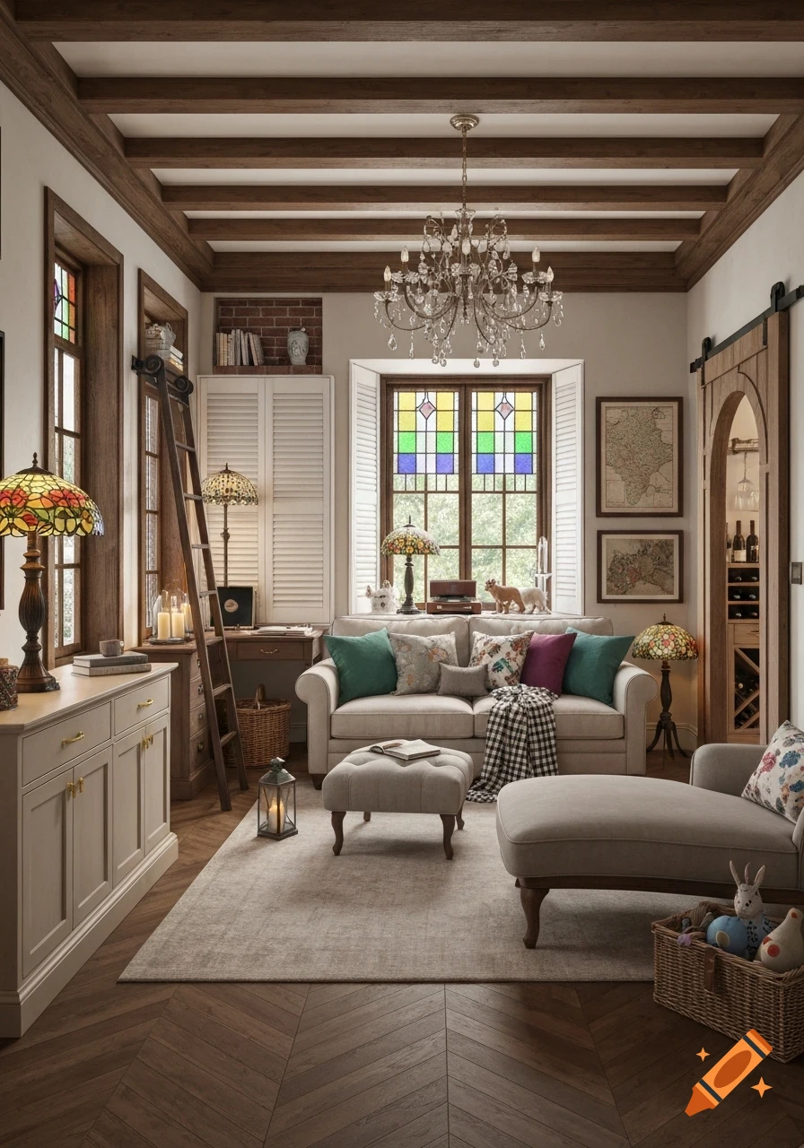 A cozy, chic cottage-style living room with wooden beams, a crystal chandelier, stained-glass windows, and vintage decor, featuring a large sofa and chaise lounge.