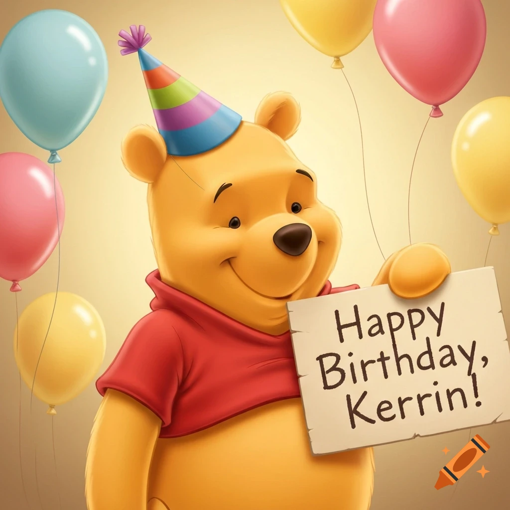 Winnie-the-Pooh wearing a party hat, smiling, and holding a sign that says 'Happy Birthday, Kerrin!' amidst colorful balloons.