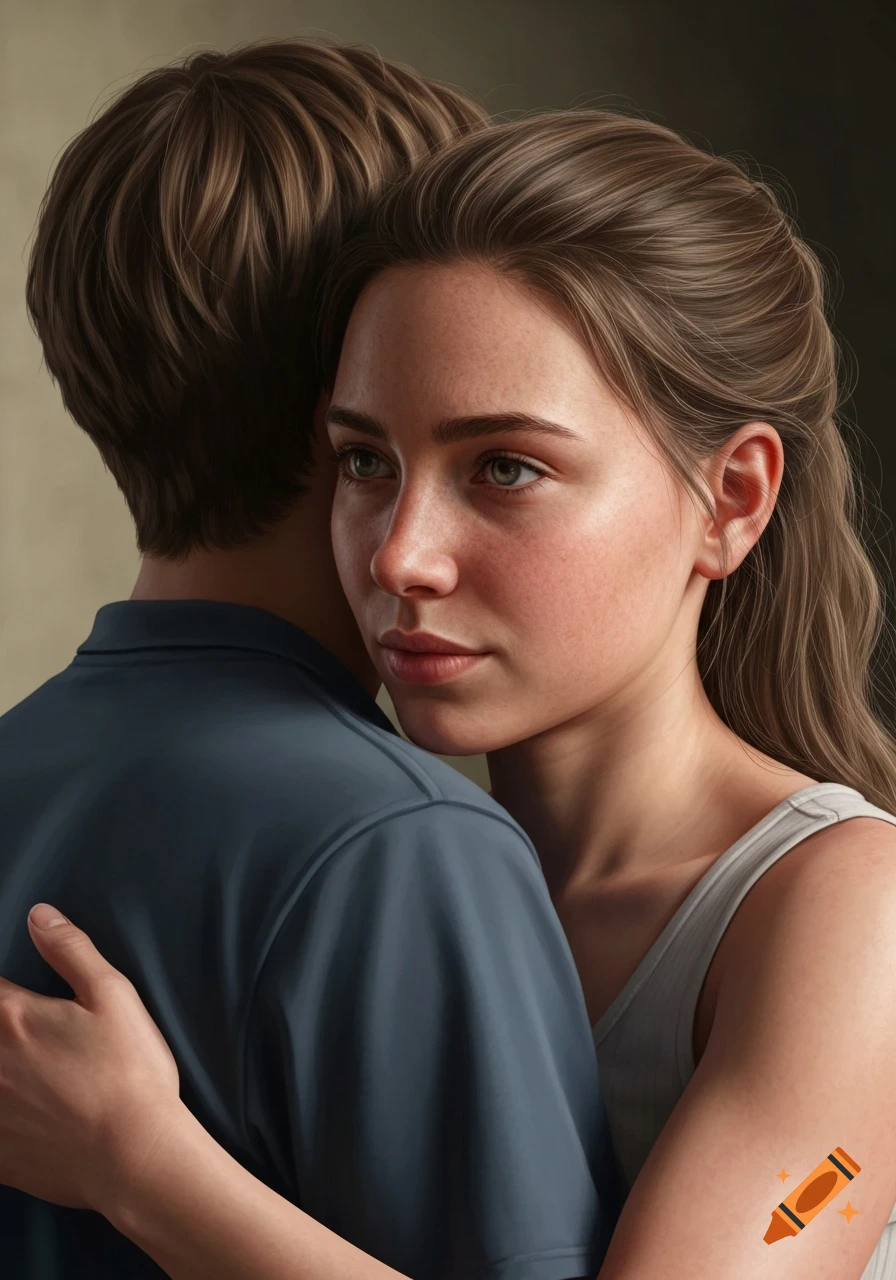 Photorealistic portrait of a woman with freckles embracing a man, looking over his shoulder with a pensive expression.