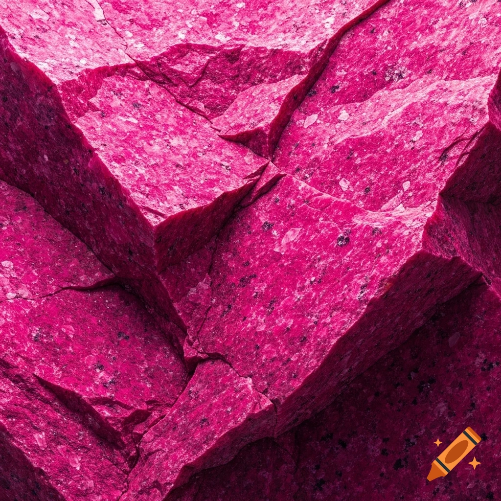 Close-up of vibrant pink rough granite stone texture with cracks and dark specks.