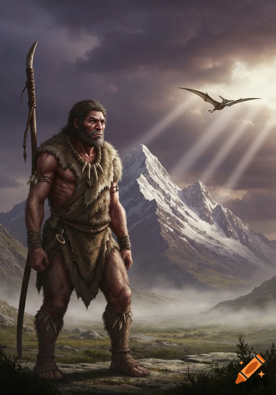A powerful Neanderthal man stands with a spear in a rugged mountain landscape with a pterosaur flying under sunlit clouds.