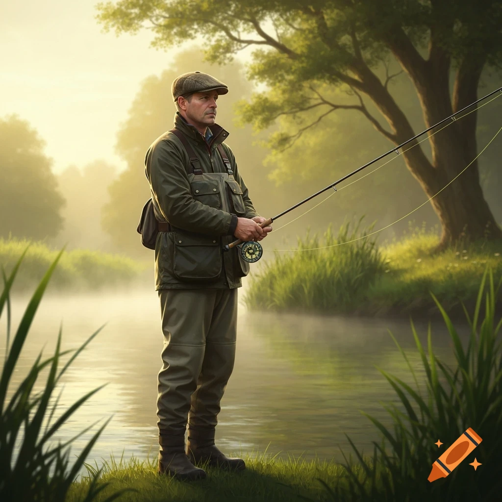 A man in a vintage fly fishing outfit stands on a grassy riverbank, holding a fishing rod, with mist rising from the water and trees in the background.