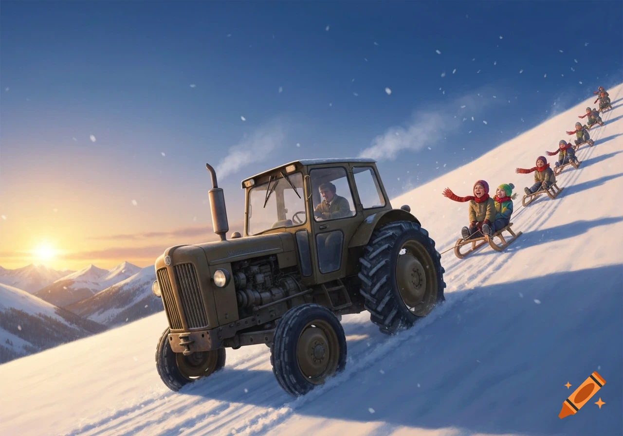 A vintage olive green tractor pulls a long line of laughing children on wooden sleds up a snowy mountain slope at sunset.