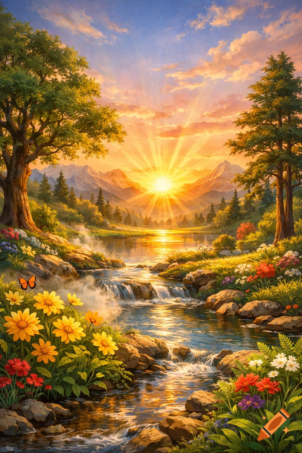 Vibrant painting of a serene natural landscape with a winding river ...