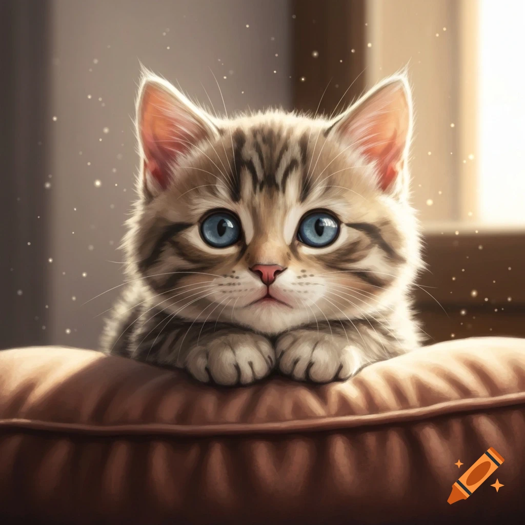 Fluffy tabby kitten with wide blue eyes lying on a brown cushion in an illustrative style.