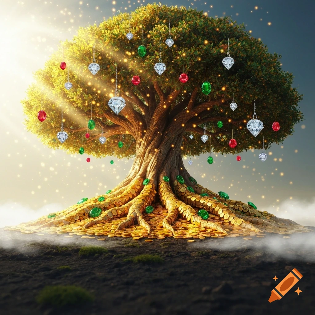 A vibrant fantasy tree with roots of gold coins and gems, and jewels hanging from its leafy branches, bathed in sparkling golden light.