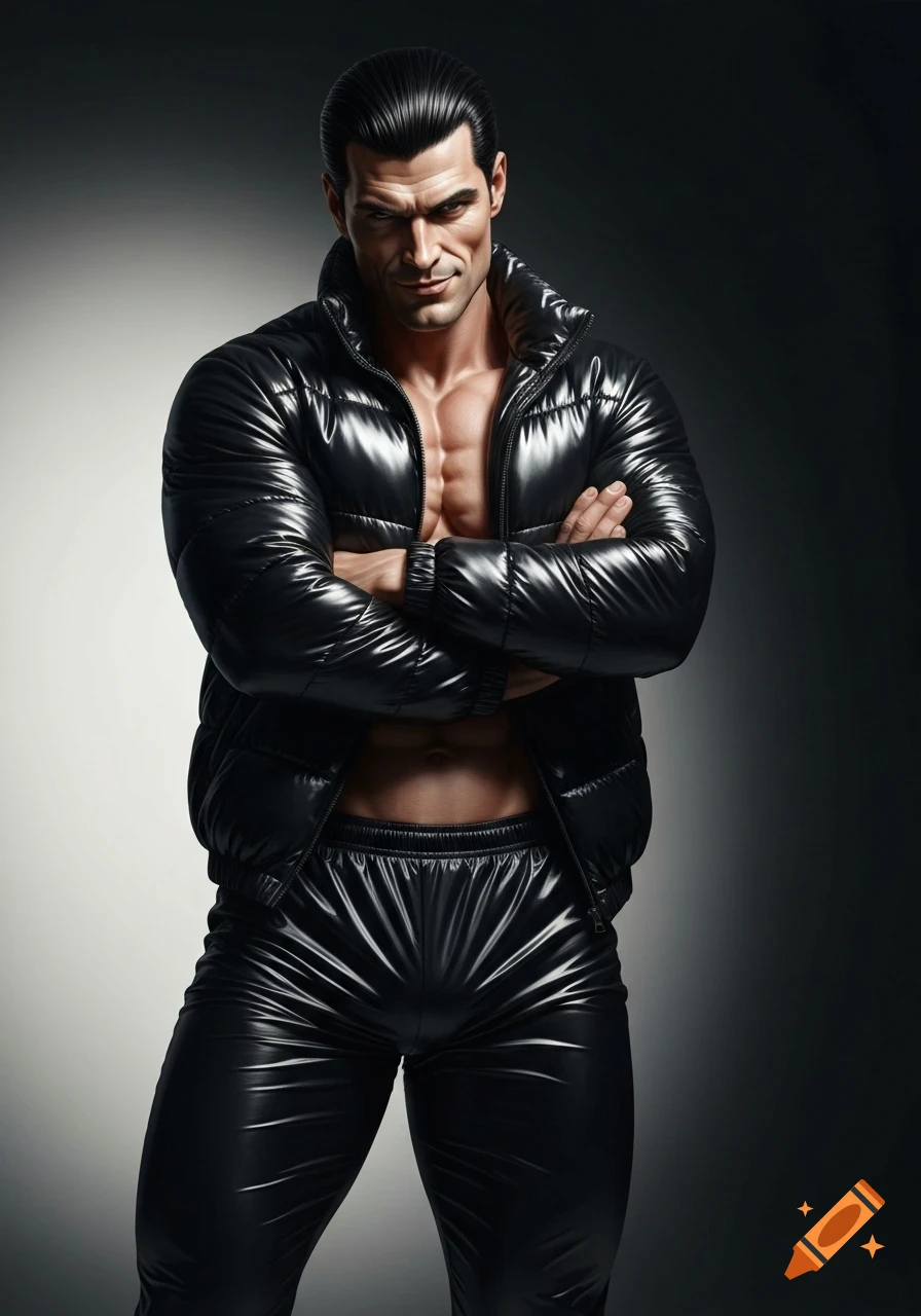 A muscular man in a shiny black puffer jacket and track pants, arms crossed, smirking at the viewer.