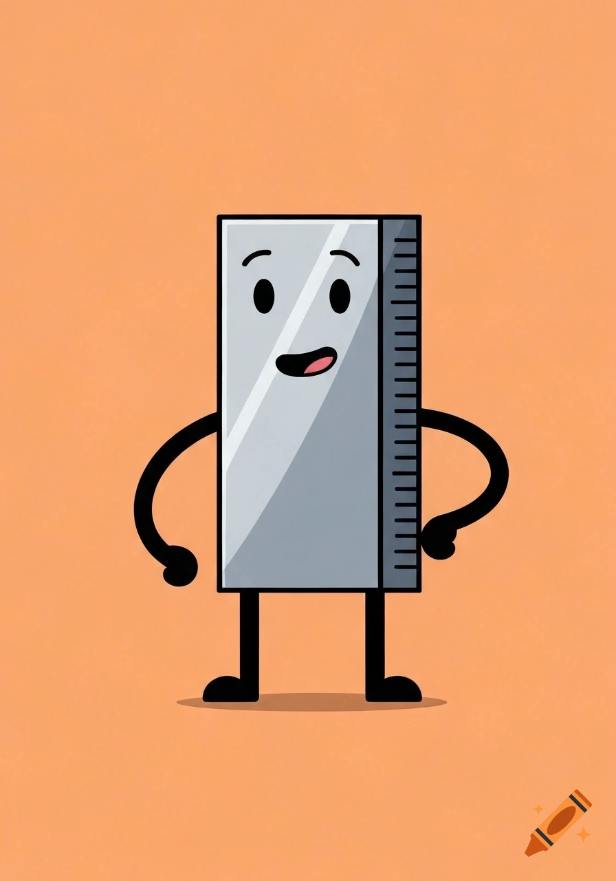 A cartoon ruler with a friendly face, arms, and legs stands against a solid orange background, smiling.
