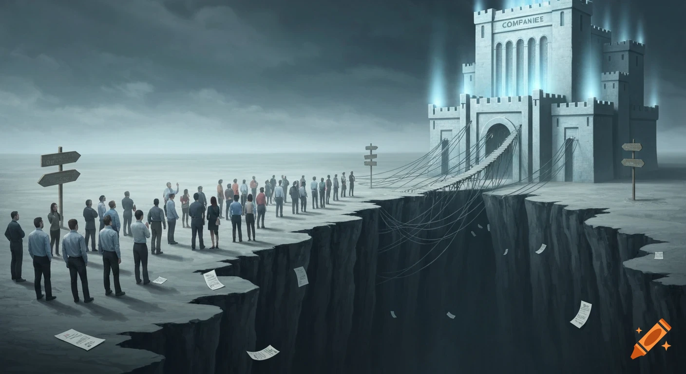 A desolate landscape with a chasm separating a crowd of people from a glowing castle labeled 'COMPANIEE', with papers falling into the abyss.