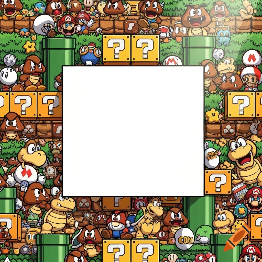 A busy, cartoon-style collage of Super Mario characters and elements, including Goombas, Koopa Troopas, Mario, pipes, and question blocks, surrounding a central white square.