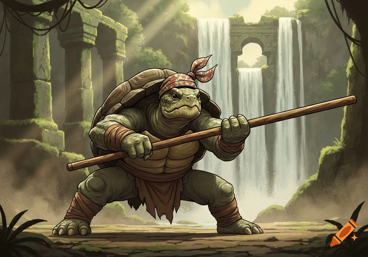 A retro fantasy tortle in a kung-fu pose, wearing a bandana and wielding a bo staff, in a jungle with a waterfall and ruins.