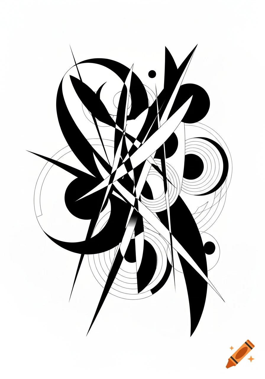 Abstract black and white artwork featuring a dynamic composition of sharp geometric spikes, curved lines, and circular shapes.
