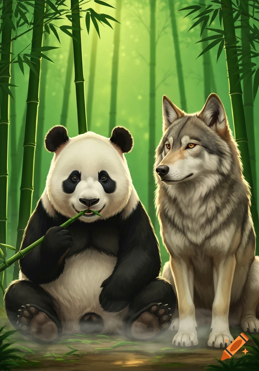 An illustration of a panda eating bamboo and a wolf sitting beside it in a vibrant bamboo forest.