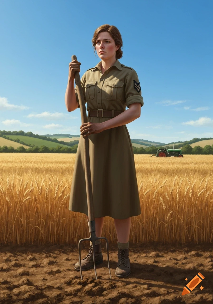 Photorealistic image of a woman in a World War 2 British Land Army uniform holding a pitchfork in a wheat field.