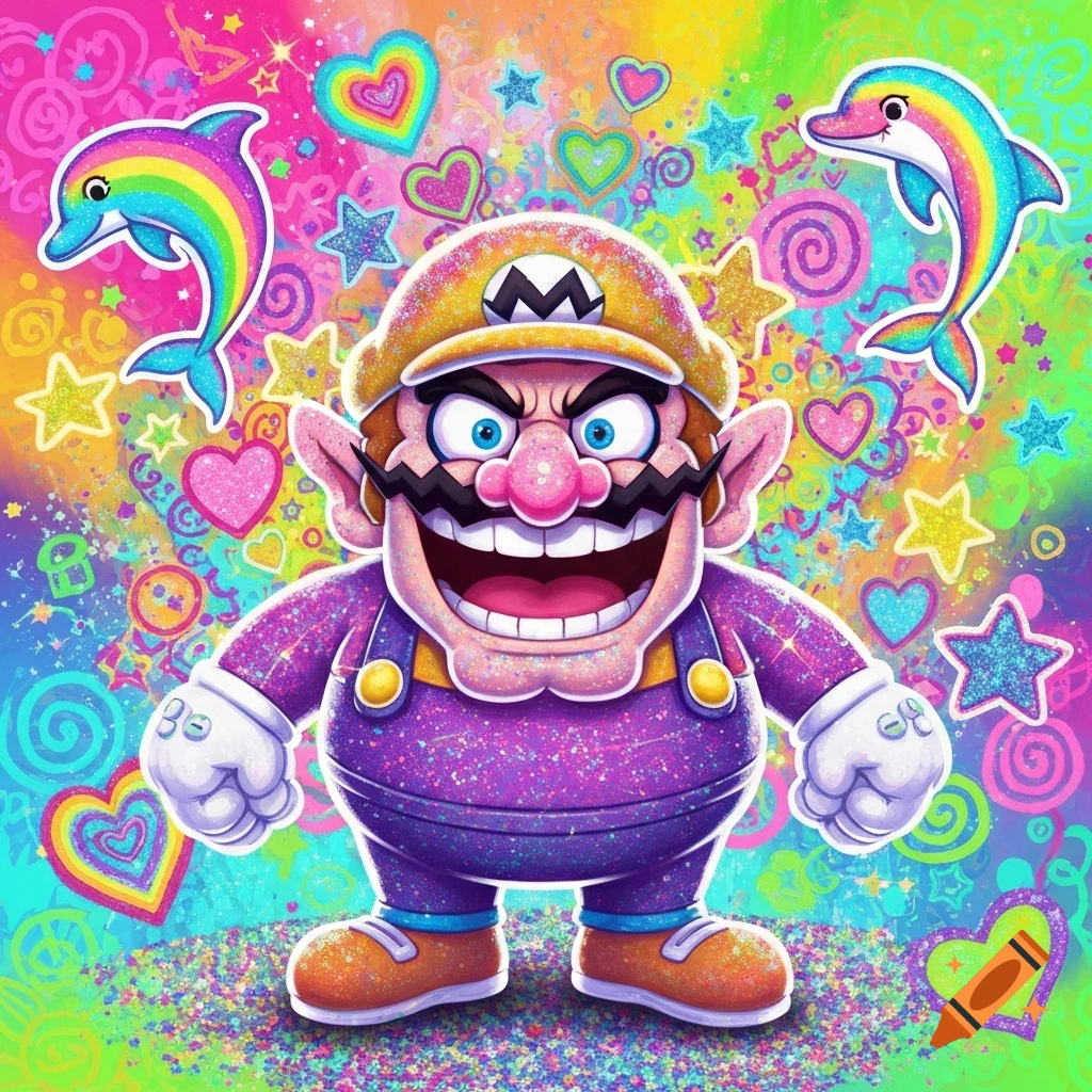 Wario in a vibrant, glittery Lisa Frank style, surrounded by rainbow dolphins, hearts, and stars.