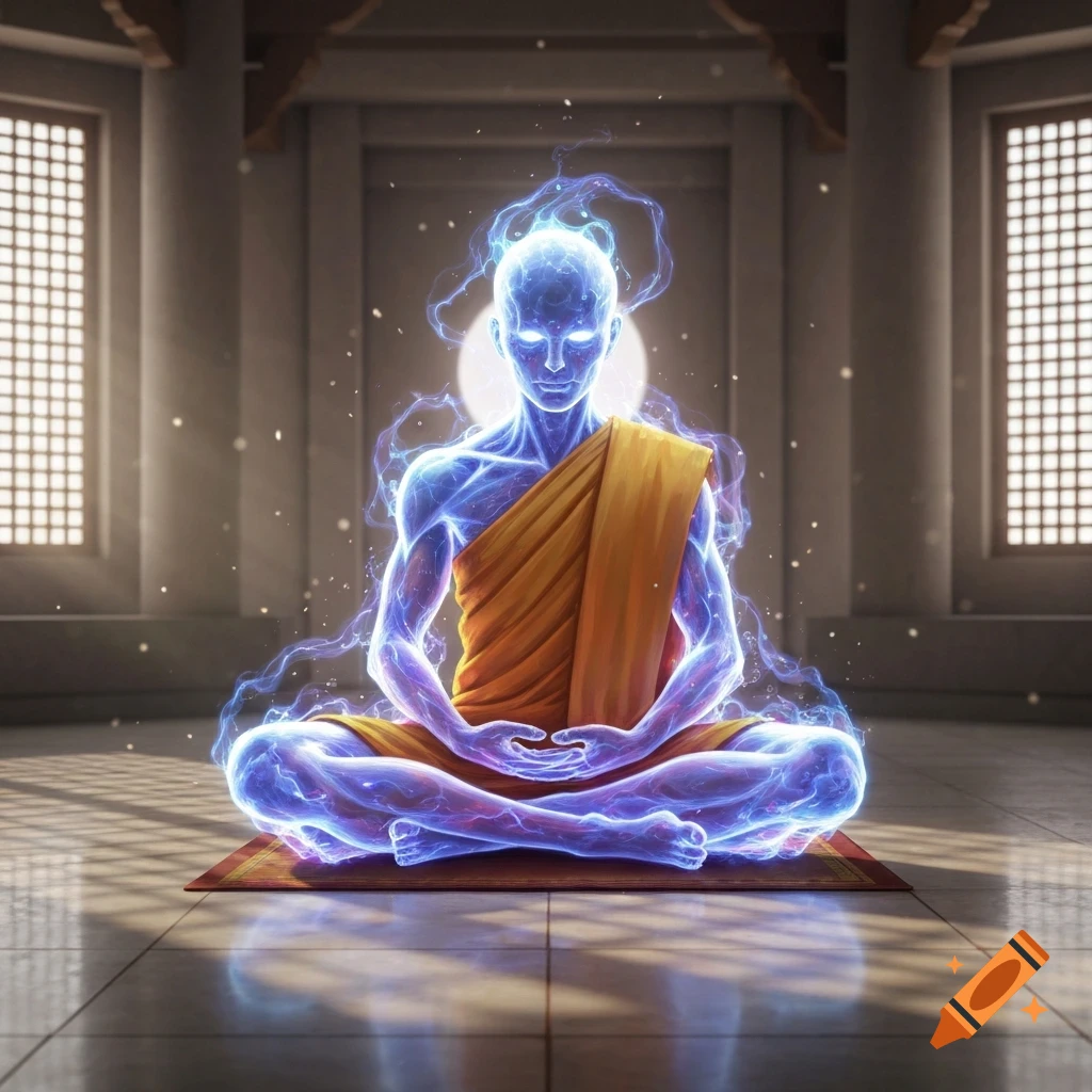 A glowing blue, ethereal monk meditates in a lotus position, wearing orange robes, inside a sunlit temple.