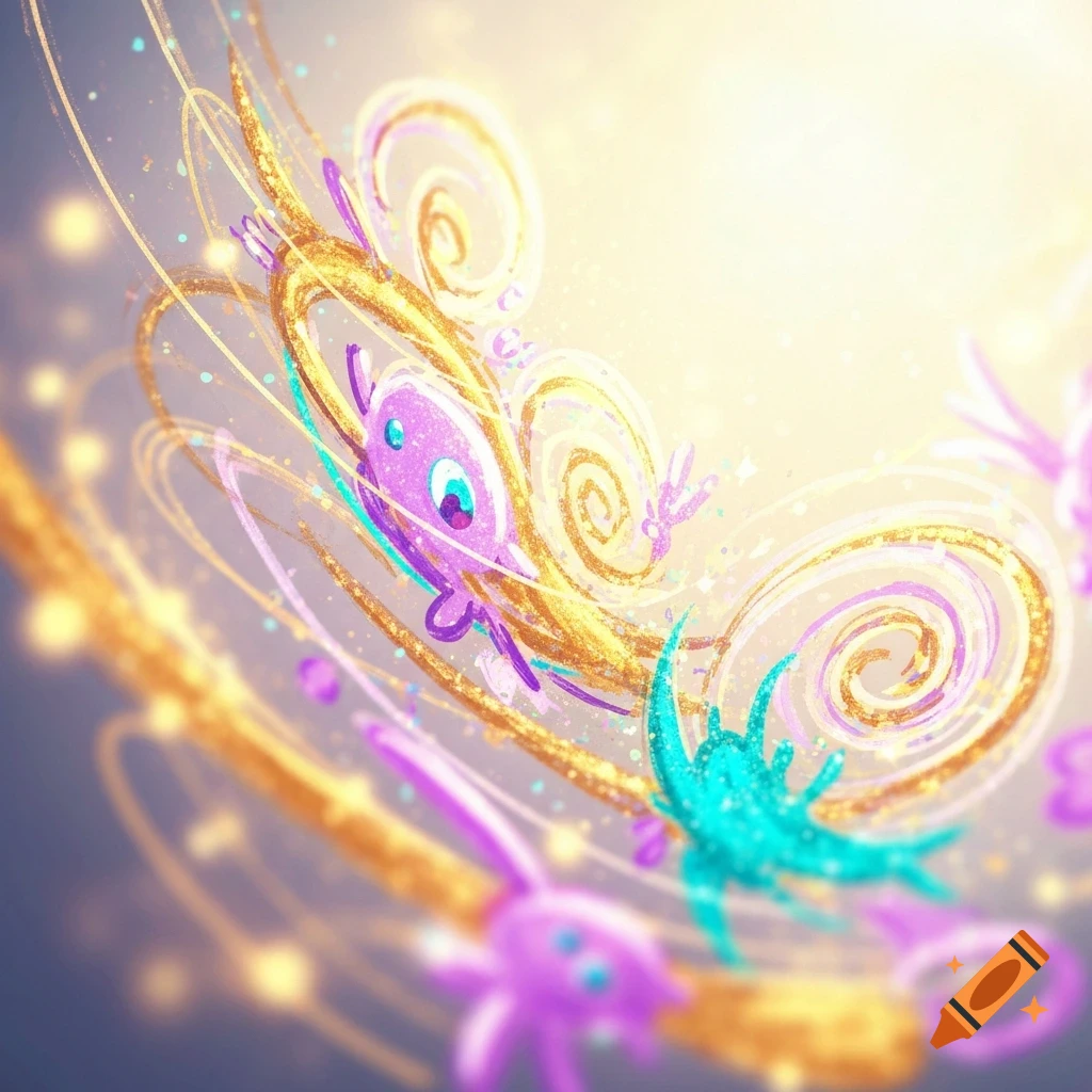 Whimsical abstract illustration of purple and blue creatures amidst glittering golden swirls and sparkles on a bright background.