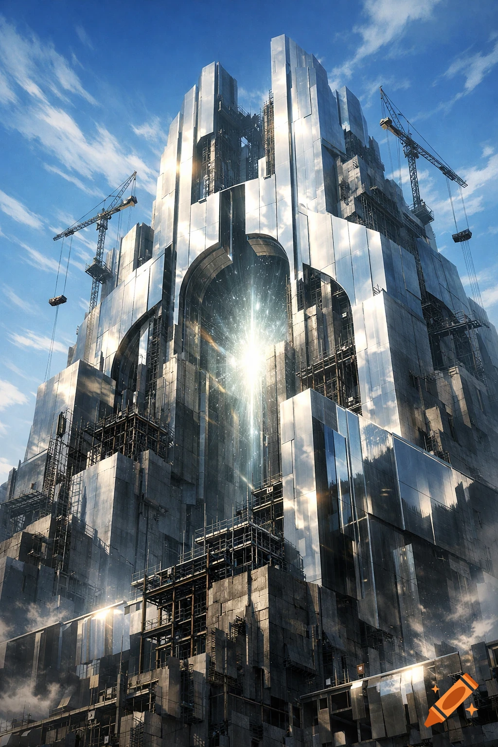 A massive, futuristic building with reflective, silver surfaces and scaffolding under construction, with cranes against a blue sky.
