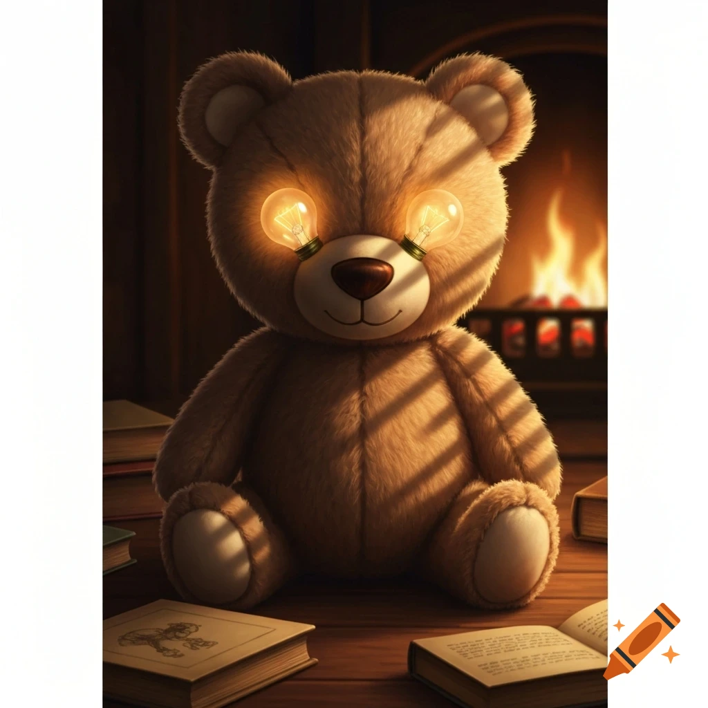 A fluffy brown teddy bear sits on a wooden floor in front of a fireplace, with glowing lightbulbs for eyes. Books surround it in a cozy, warm-lit room.